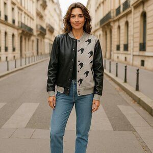 Dance & Marvel Varsity Bomber Jacket | Gray & Black | Size Small